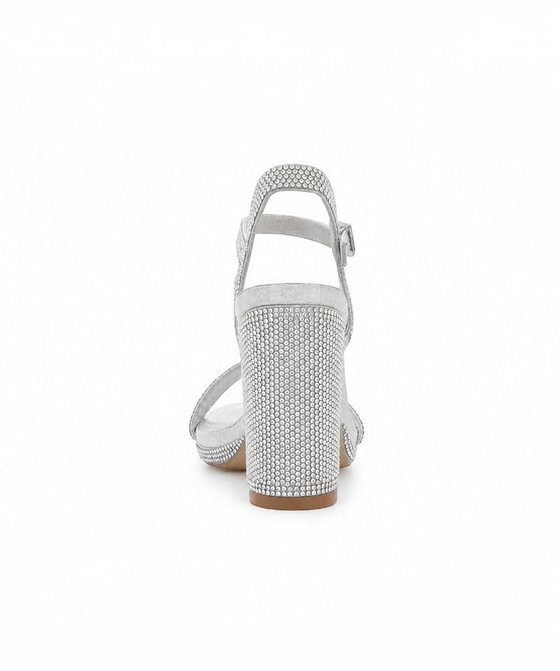 RSG Formals DeBlossom Morita silver shimmer block heels with rhinestone detailing on the heel and ankle strap.