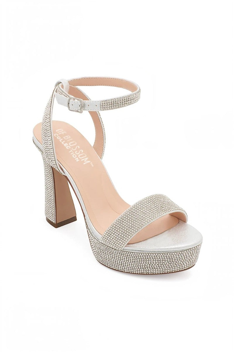 RSG Formals DeBlossom Regina silver shimmer block heels with rhinestone straps, open toe, and adjustable buckle.