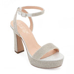 RSG Formals DeBlossom Regina silver shimmer block heels with rhinestone straps, open toe, and adjustable buckle.