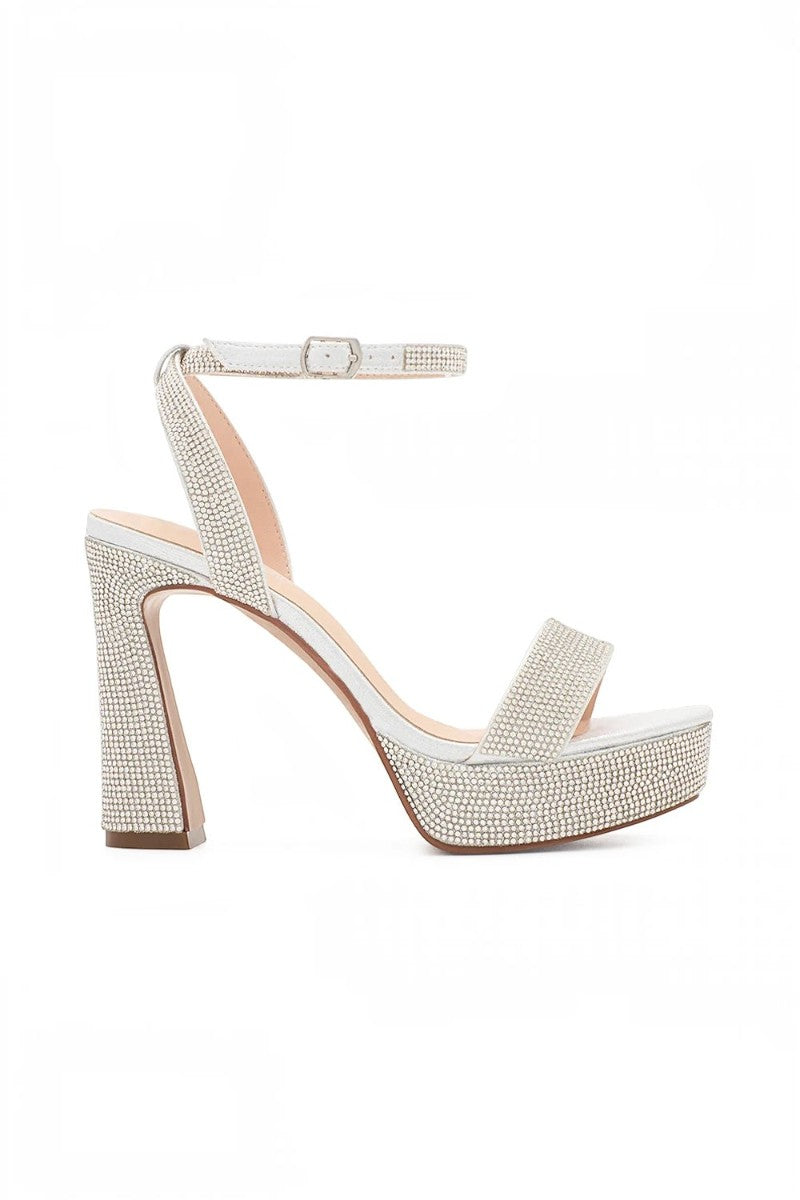 RSG Formals DeBlossom Regina silver shimmer platform heels with block heel, open toe, and adjustable buckle strap.
