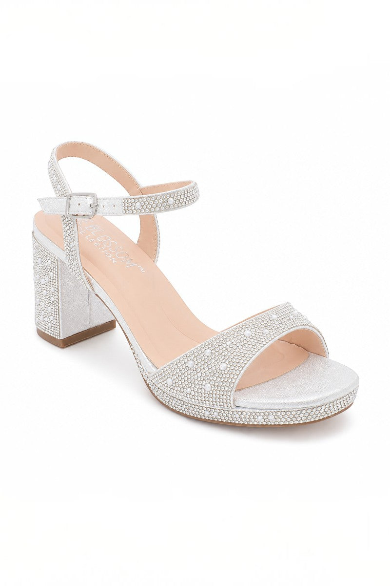 RSG Formals DeBlossom Nelly white shimmer block heel sandal with rhinestone embellishments and ankle strap