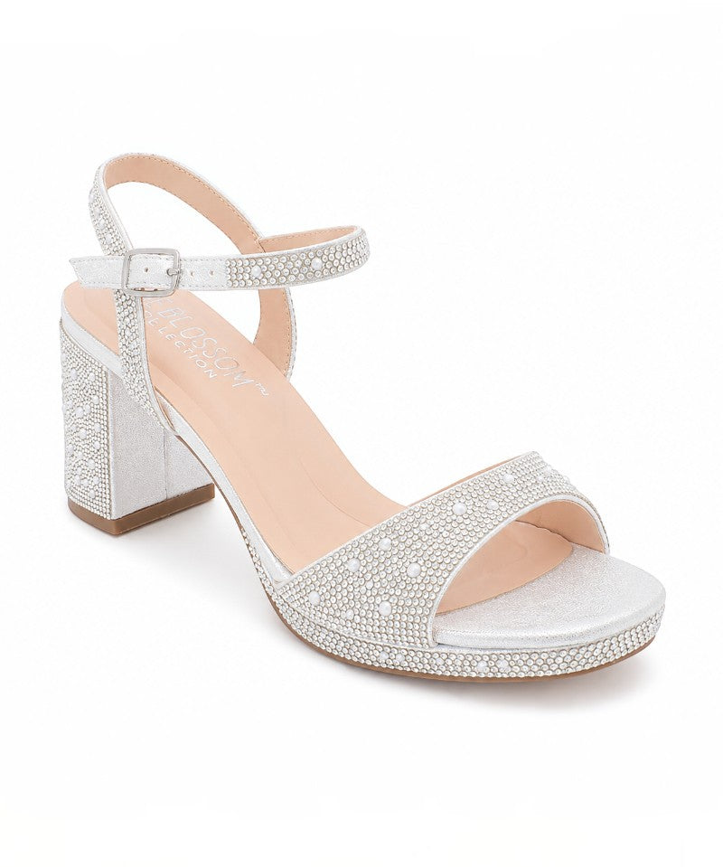 RSG Formals DeBlossom Nelly white shimmer block heel sandal with rhinestone embellishments and ankle strap