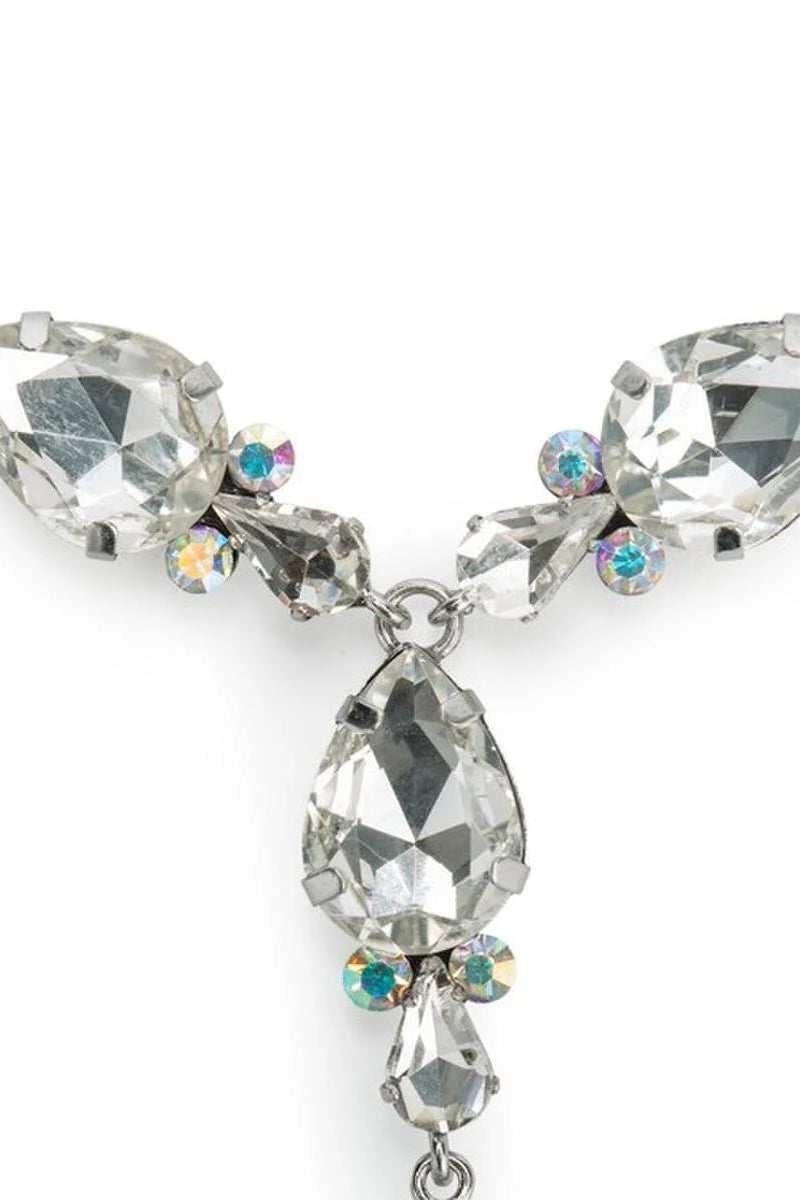 A silver-tone crystal necklace featuring large faceted marquise-cut clear rhinestones and smaller round iridescent crystals, shown on a plain white background.